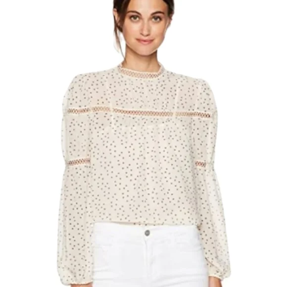 Women's Cream & Black Speck Print Peasant High Neck Sheer Blouse Large - Picture 1 of 16